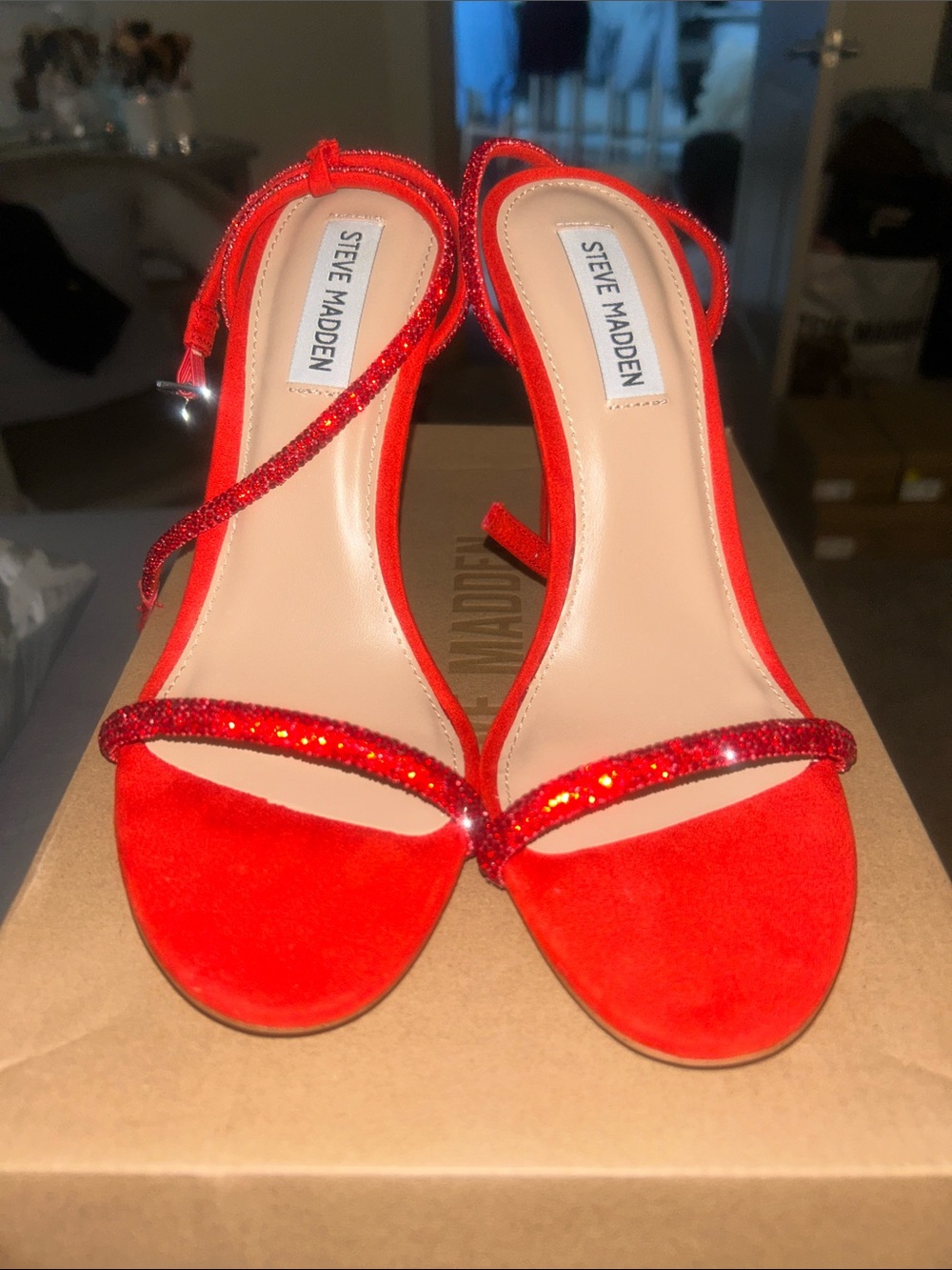 Steve Madden Red Glitter Suede Breslin Stiletto Sandals - Picture 3 of 7